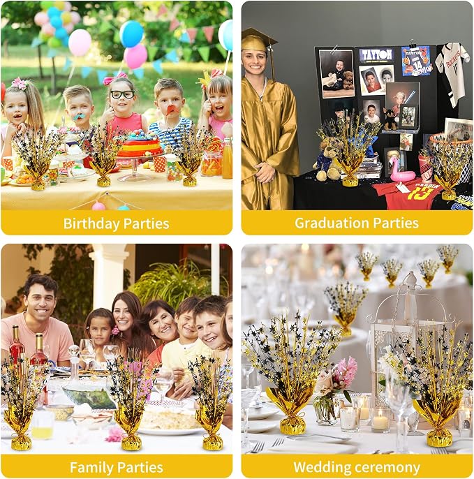 12 Pack Metallic Foil Spary Centerpieces for Tables, Black Gold Centerpieces for Tables Decorations, Star Brust Table Centerpieces for Birthday Graduation Wedding Baby Shower Party