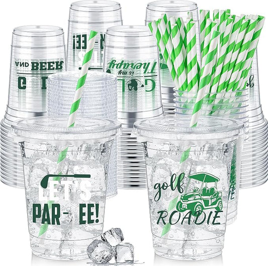 FoldTier 50 Pcs Golf Cups, 12 oz Disposable Plastic Cups with Straws and Lids Golf Clear mug Birthday Bachelor mugs Supplies Birthday Table Decorations Party Favor