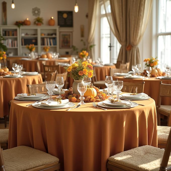 sancua Thanksgiving Round Tablecloth 132 Inch Diameter, 6 Pack Bronze, Circle Polyester Fabric Light Brown Fall Table Cloth Cover for Harvest Wedding Party Reception Banquet (Fit 54-96 Inch Tables)