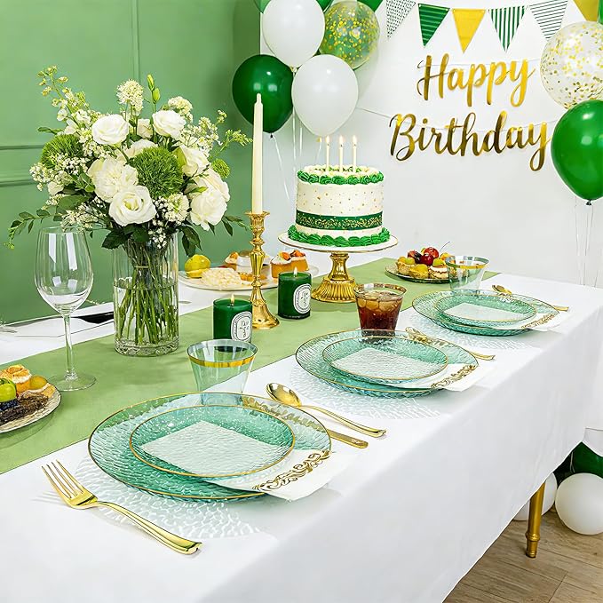 DaYammi 175 Pcs Green Plastic Plates Dinnerware Set (25 Guests), Hammered Plates Sets, Green Party Platos Set include 50 Disposable Platos, 75 Gold Plastic Silverware, 25 Cups 25 Napkins