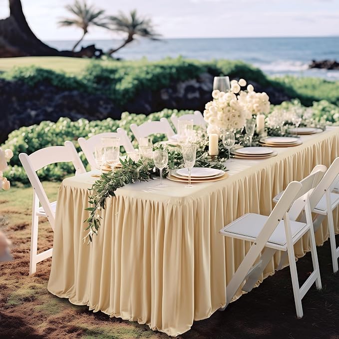 1 Pack Dark Champagne Tablecloths for Rectangle Tables 4ft, Wrinkle Resistant Champagne Table Cover Fitted Stretch Table Cloth with Pleated Ruffle Skirts for Party Banquet Dining Birthday Wedding