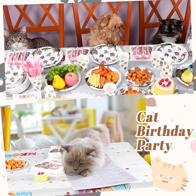 Funnymoom 452 Pcs Cat Birthday Party Decorations for 50 Guests, Cat Paper Plates Napkins Cups Tablecloth Cutlery Straws Disposable Tableware Set for Kitten Lover Birthday Party Supplies
