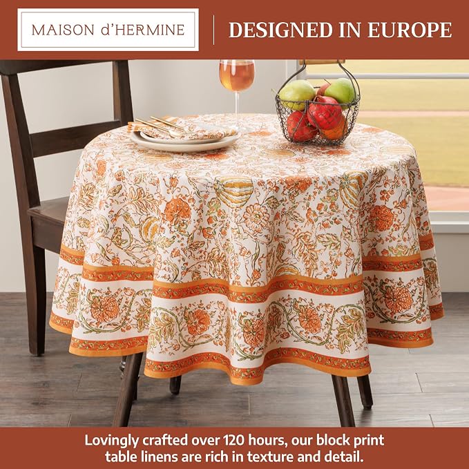 Maison d'Hermine Table Cloth Round Table 100% Cotton 69 Inches Tablecloth Reusable Decorative Everyday Use for Dining Room, Farmhouse, Home, Party, Festive & Wedding - Pumpkin Spice