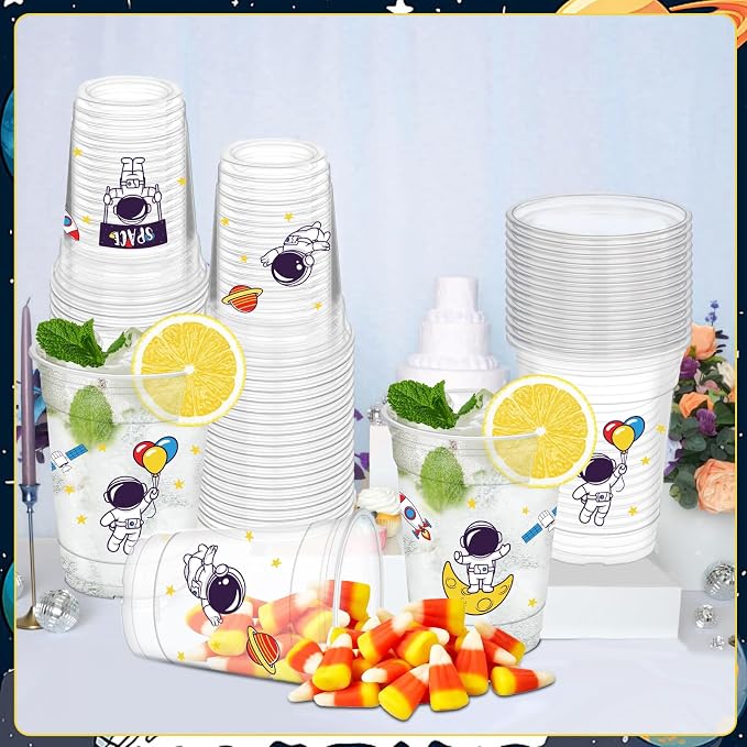 50Pcs Space Party Cups, 12 oz Space Clear Plastic Cups for Outer Spacer Party Decorations Birthday Baby Shower Supplies Favors