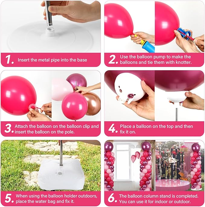 2 Sets Pink Balloon Column Stand Kit with 100 Balloons Adjustable Balloon Tower Stand with Bases for Floor Hot Pink Column for Girls Graduation Mother's Day Birthday Wedding Spring Party Decor