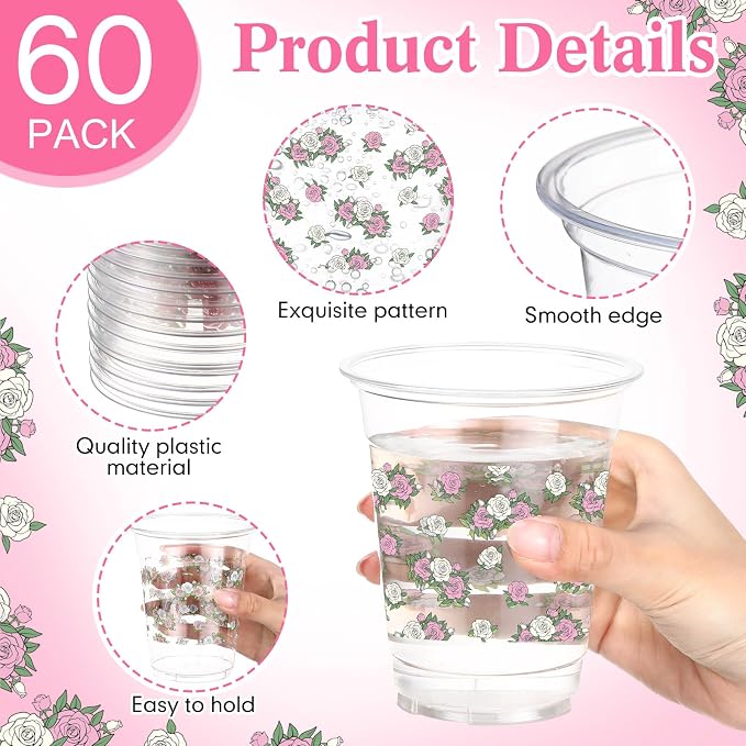 Funnymoom 60 Pack Pink Floral Plastic Cup 12 oz Disposable Clear Plastic Pink White Flower Drinking Cups Bulk for Wedding Bridal Baby Shower Birthday Tea Party Decoration Supplies