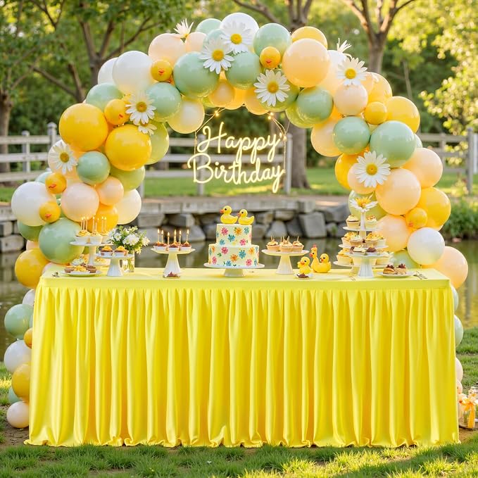 2 Packs Yellow Poylester Tablecloths Rectangle Tables 4ft, Stretch Fitted Table Covers for 4 Foot Tables Wrinkle Free Rectangle Table Cloth with Skirt for Birthday Party Events Banquet Baby Shower