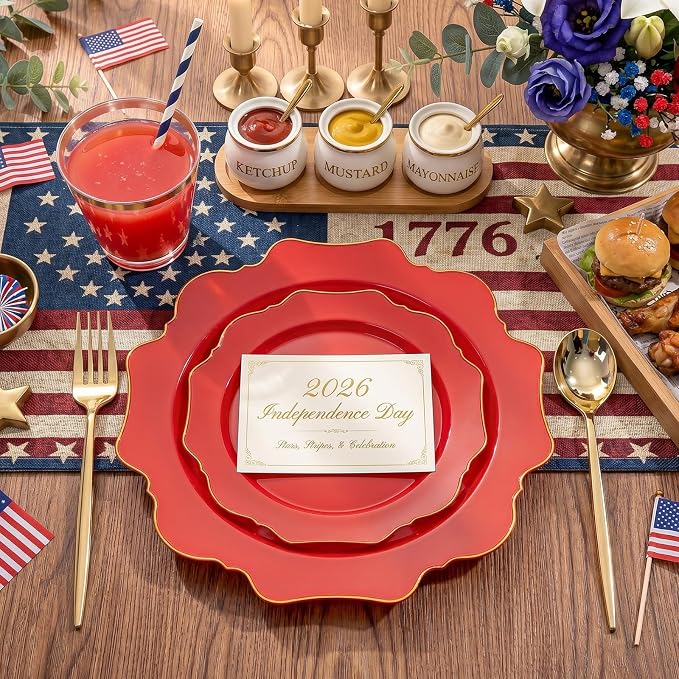 WDF 175Pcs Red Plates - Red Plastic Plates with Gold Rim - Fancy Disposable Dinnerware Sets Ideal for Party/Wedding/Spring/4th of July/Memorial Day