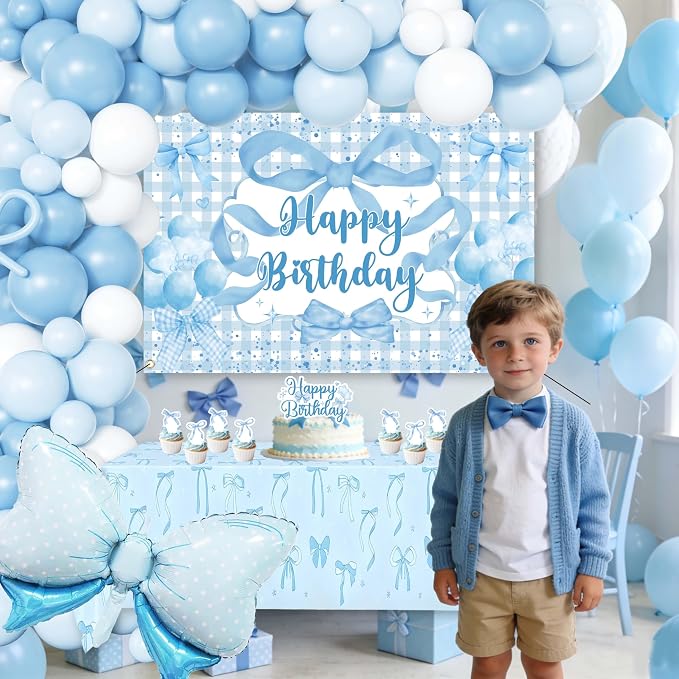 Blue Bow Birthday Decorations for Girls, Coquette Party Supplies with Gingham Backdrop, Tablecloth, Cake Toppers, Giant Foil Bow, Pastel Blue Balloon Arch Kit for Soft Girl Bday Photo Prop