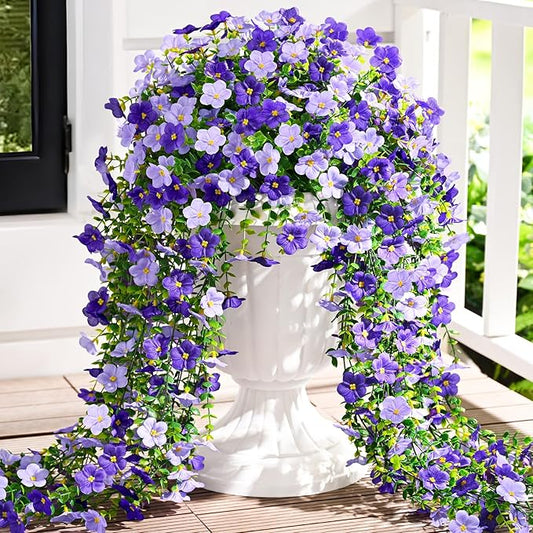 Waipfaru 4 Pcs Artificial Hanging Flowers for Outdoors, Fake Hanging Plants for Outdoor, UV Resistant Silk Faux Violet Flowers Spring Summer Decor for Planter Porch Patio Indoor Decoration, Purple