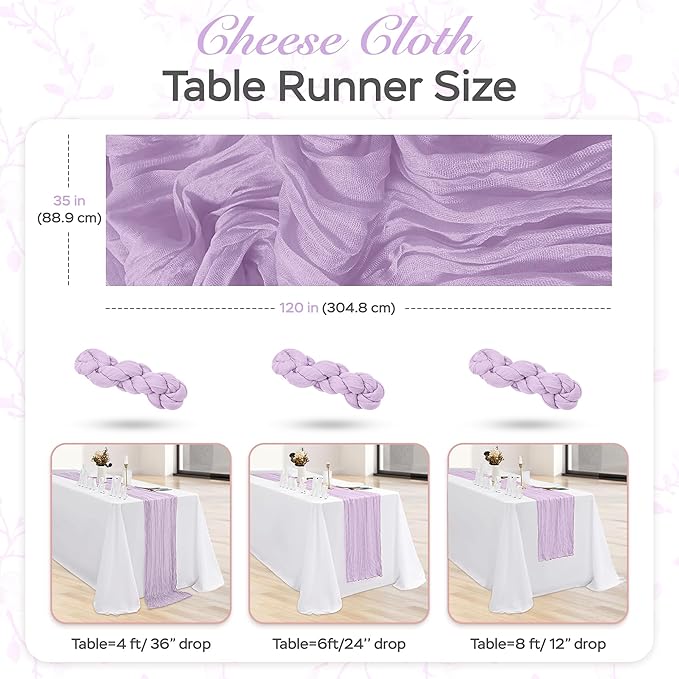 Cheesecloth Table Runner 6 Pack – 35x120 Inch (10ft) Boho Rustic Gauze Cloth Runners – Crinkle Polyester Table Decor for Wedding, Baby Shower, Bridal Shower, Birthday Party and More (Lilac Purple)
