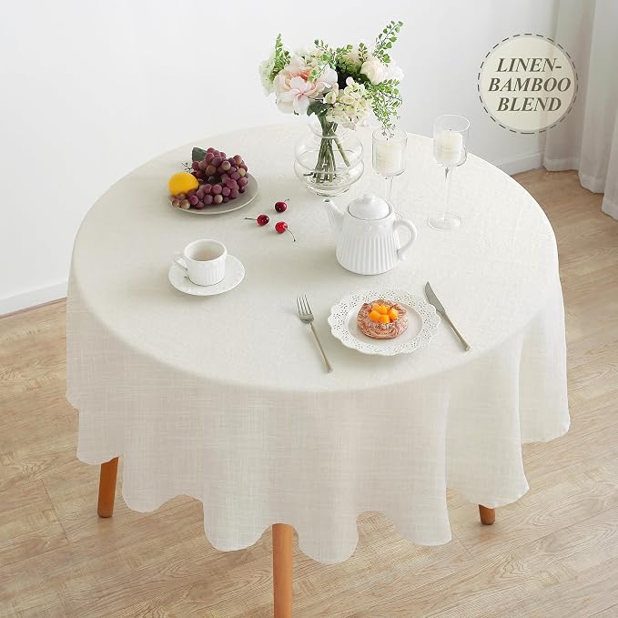 Linen World Round Linen Blend Tablecloth 90" Inch,Linen Loook Soft Cool & Breathable,Machine Washable Natural Table Cloth for Dining, Kitchen, Outdoor, Easter-Creamy White