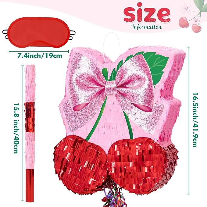 WERNNSAI Cherry Piñata - Pink Bow Party Decorations Cherry Bow piñata with Blindfold and Stick for Girls Coquette Birthday Decorations Princess Bridal Shower Bachelorette Wedding Supplies