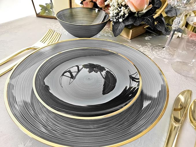 OCCASIONS 50 Black and Gold Plates for 25 Guests (Belize in Black & Gold) | China-Like Look, Fancy Heavy Duty Disposable Plastic Dinnerware Set, 10" Dinner & 7" Salad/Dessert, Wedding Party, BPA Free