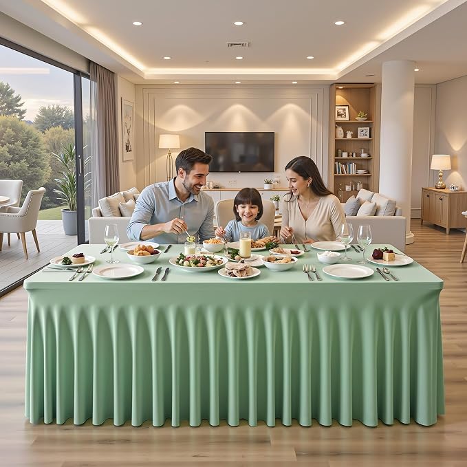 1 Pack Sage Green Spandex Tableclothes for 6 Foot Rectangle Tables, Wrinkle Free 6ft Fitted Table Cover Stretch Table Cloth Desk Skirt for Weddings Baby Shower Birthday Party Banquet Decorations