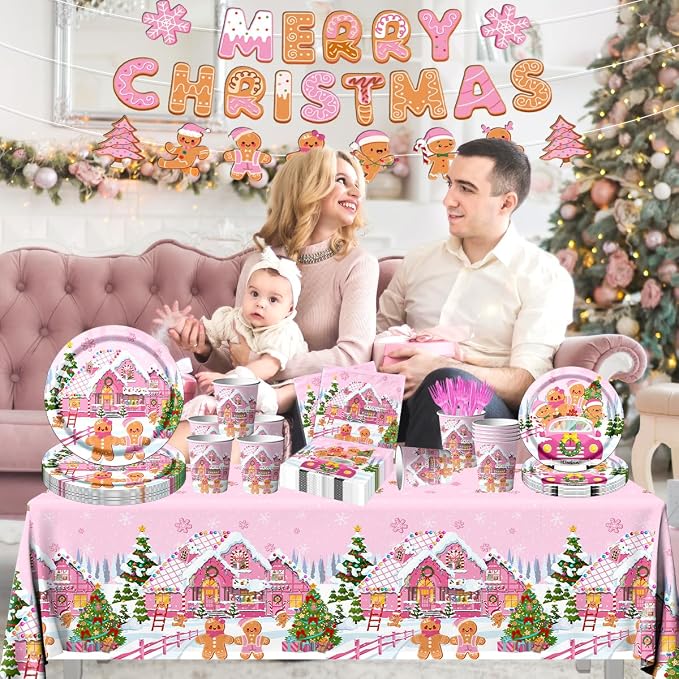 142Pcs Gingerbread Christmas Tableware Party Decorations Gingerbread Man Winter Christmas Holiday Party Supplies Pink Cookie House Family Gathering Disposable Banner,Plates,Napkins and Tablecloth