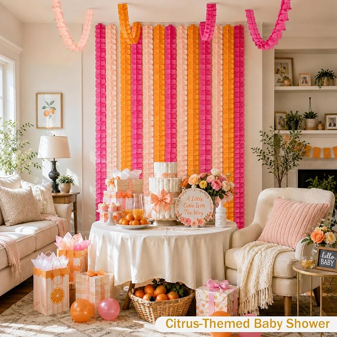 Hot Pink and Orange Party Decorations, 12Pcs 4-Leaf Paper Streamers | Paper streamer garlands for sunset parties, citrus spritz themes, birthdays, weddings, baby showers and bachelorette parties