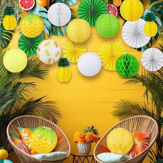 Retisee 18 Pcs Pineapple Party Decoration Yellow Pineapple Hanging Paper Lantern Honeycomb Fans Summer Fruit Honeycomb Ball for Summer Fruit Pineapples Theme Party Ceiling Decor Supplies