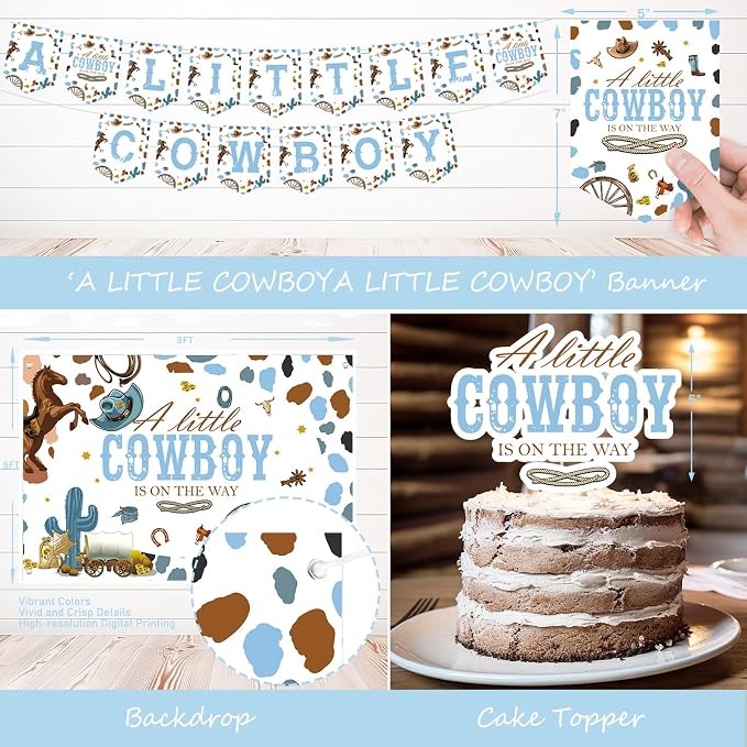 Hombae Cowboy Baby Shower Decorations, 256 PCs Western Baby Shower Party Supplies with A Little Cowboy is On The Way Backdrop, Balloon Garland, Cake Topper, Tableware Set - Plates, Napkins, Forks