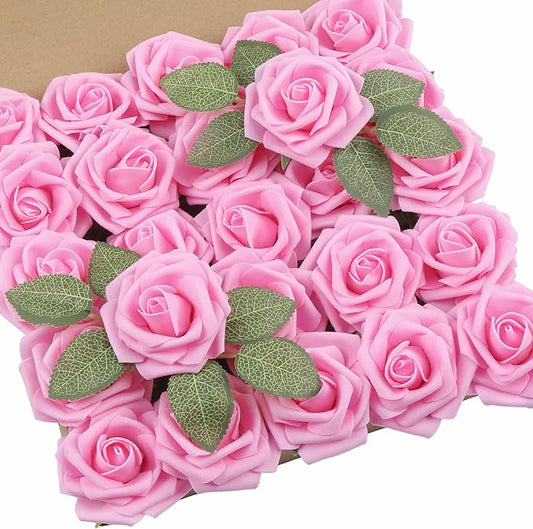 DuHouse 50Pcs Artificial Roses Flowers Fake Roses with Stems Real Touch Foam Flowers for DIY Wedding Bouquet Party Centerpiece Floral Arrangement Party Home Decor(Pink)