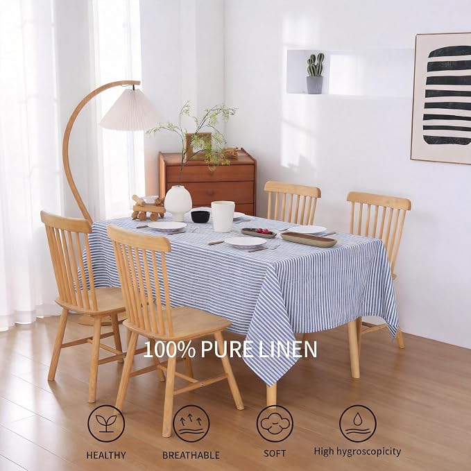 100% French Flax Linen Tablecloths Rectangle 108Lx60W Inch for Dinners, Parties, Easter, Halloween, Camping, Stone Washed, Textured, Machine Washable, 8-10 Sets (60''x108'', Blue Stripe)