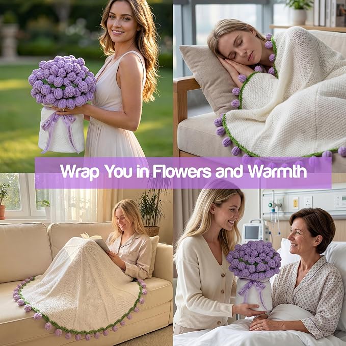 Handmade Knitted Crochet Flower Bouquet Blanket 63in, Birthday Gifts for Women, Anniversary, Wedding, Romantic Gifts for Wife Girlfriend Mom Sister Friends, Throw Blanket, Home Decor