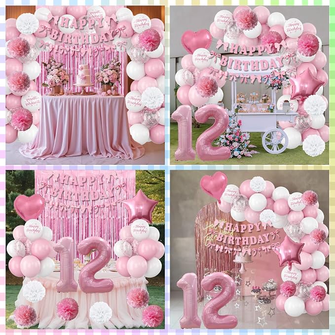 12th Birthday Decorations for Girls Pink Number 12 Balloon Bow Coquette Happy Birthday Banner Fringe Curtain Paper Pom Poms Star Heart Foil Pink White Balloons 21 Year Old Party Decor