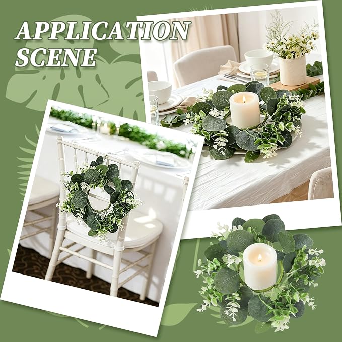 4PCS Eucalyptus Candle Rings Wreaths, Artificial Greenery Faux Kitchen Cabinet Wreath,Spring Wreath with Burlap Ribbon, Pillar Candle Holder Wreath for Porch Wall Window Farmhouse Wall Home Decor