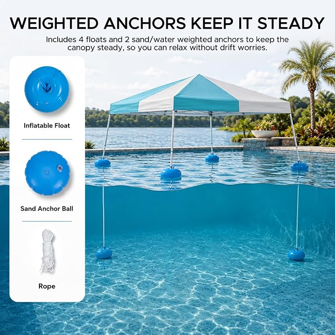 SUNJOY 10x10 FT Floating Pool Canopy Pop Up Gazebo, Gray and Light Blue Water Tent with Steel & Aluminum Frame, PVC Floats, Hand Pump & Carry Bag for Lake, Beach, Pool