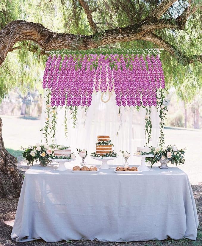 Pauwer Wisteria Hanging Flowers 12 Pack Fake Flower Garland Artificial Wisteria Vines Rattan Silk Flower String Wedding Party Wall Decorations,Fuchsia