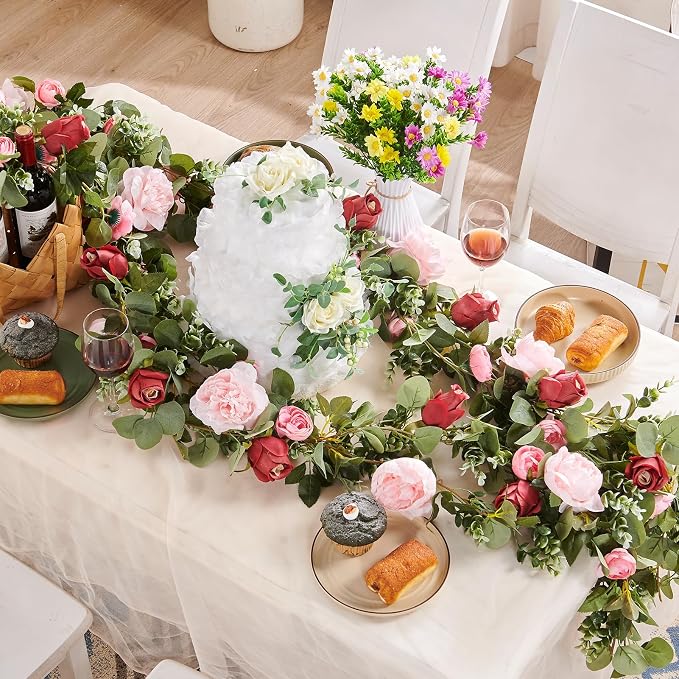 PONKING Flower Garland Artificial Rose Vine Flowers Hanging Fake Roses Vines for Wedding Birthday Party Valentines Christmas Room Wall Arch Decor, 2 Pink & 1 Red Floral Garland Decorations