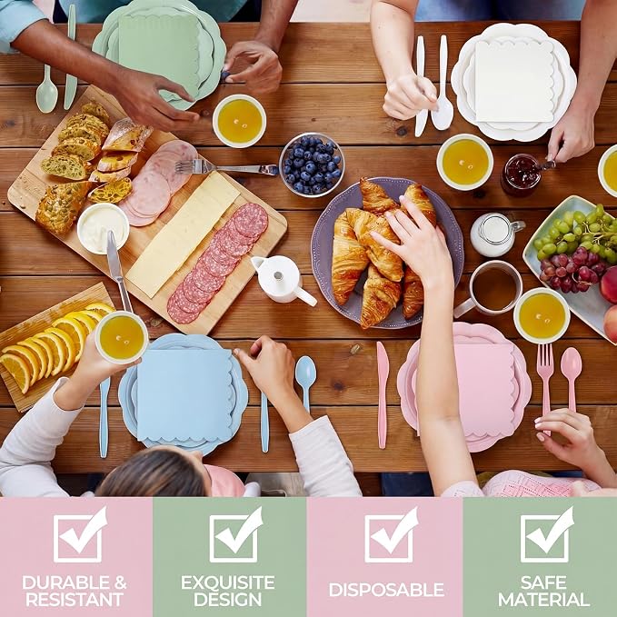 Qinyoung 388 Pcs Pastel Rainbow Plates and Napkins Party Supplies Tableware Include Disposable Scalloped Plate Paper Napkin Cup Plastic Cutlery for Baby Shower Gender Reveal Birthday Party, 48 Sets
