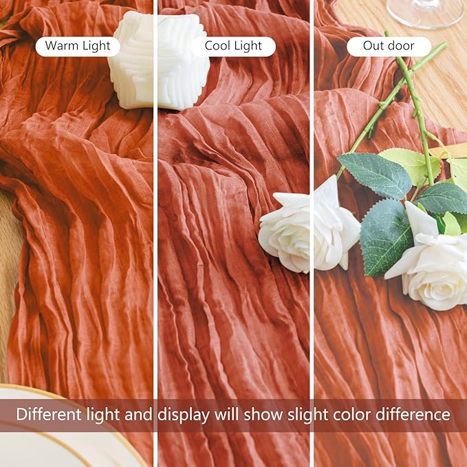 2PCS Fall Table Runner Cheesecloth 10FT Terracotta Boho Burnt Orange Gauze Cheese Cloth Rustic Sheer Table Runners for Wedding Bridal Baby Shower Party Decoration