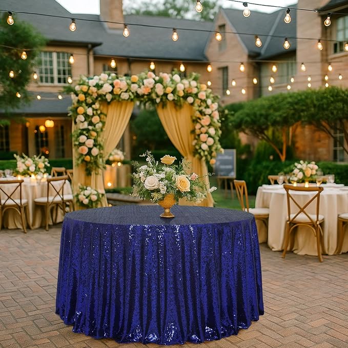 Eternal Beauty Navy Blue Tablecloth, 120 Inch Round Sequin Tablecloth for Party Cake Dessert Table Exhibition Events