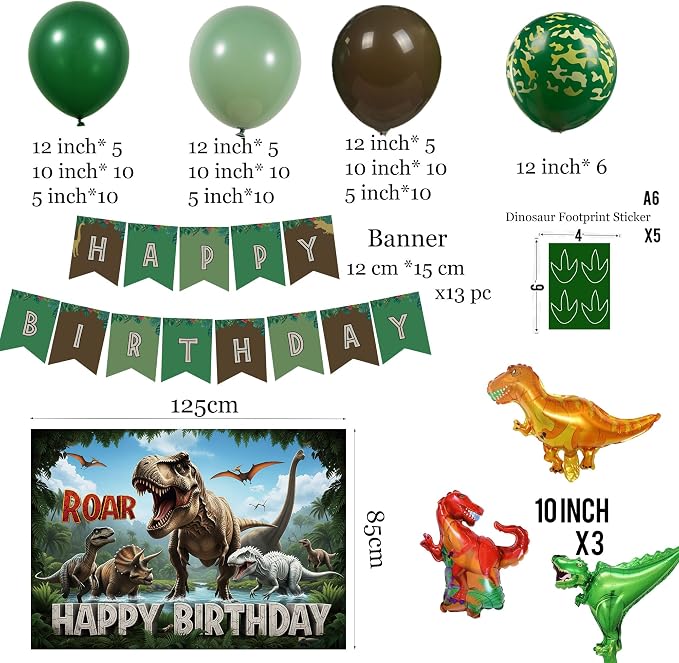 Dinosaur Birthday Party Decorations with Dinosaur backdrop Hunter Green brown balloon arch & Small dino Foil balloons & birthday Banners for Kids Jungle ROAR Three-REX Wild one theme Party Supplies