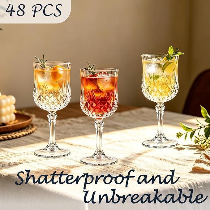 Plastic Wine Glasses, Plastic Goblets Vintage Style Cordial Unbreakable Drinking Glasses, Reusable Drinkware for Wedding Reception, Grand Event Party Supplies (48, Transparent)