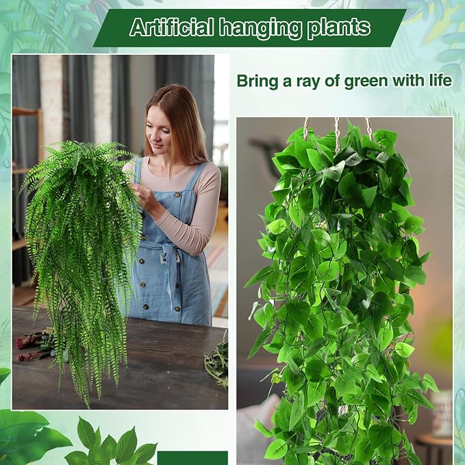 Daifunli 48 Pcs Artificial Hanging Plants Fake Hanging Ferns Plastic Fake Plants for Wall Room Garden Garland Indoor Outdoor Decor No Basket (Boston,Eucalyptus,Ivy Vine,String of Pearls)