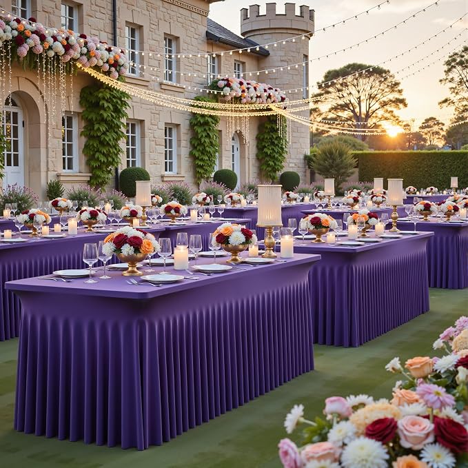 leegleri 2 Pack Purple Spandex Fitted Tablecloths for 6 Foot Rectangle Tables, Purple Stretch Table Cloth with Table Skirt, Wrinkle Free Spandex Table Covers 6ft for Parties, Weddings, Trade Shows