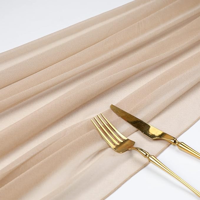 WELTRXE 4 Pack Champagne Chiffon Table Runner 30x120 Inches Romantic Sheer Wedding Table Runner Glitter Brown Tulle Fabric Party Table Decorations for Wedding, Birthday Party, Bridal & Baby Shower