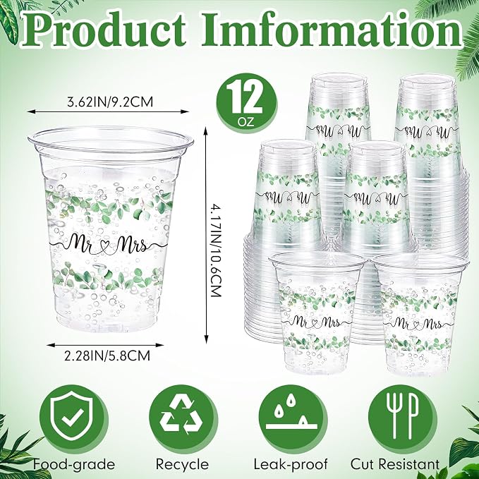 Funnymoom 60 Pack Mr and Mrs Wedding Cups 12 oz Sage Green Eucalyptus Disposable Clear Plastic Drinking Cups for Wedding Bridal Shower Engagement Boho Greenery Party Decorations Supplies