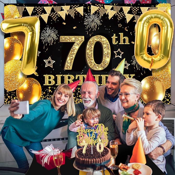 70th Birthday Decorations Men Women with 70th Birthday Banner, Black and Gold Table Cloth,Number Balloons, Large Sash, Cake Topper and Candles