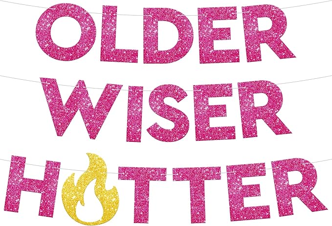KatchOn, Glitter Older Wiser Hotter Banner - No DIY, 10 Feet | Birthday Decorations for Women | Hbd Banner Backdrop For Pink Party Decorations | Funny Birthday Decorations