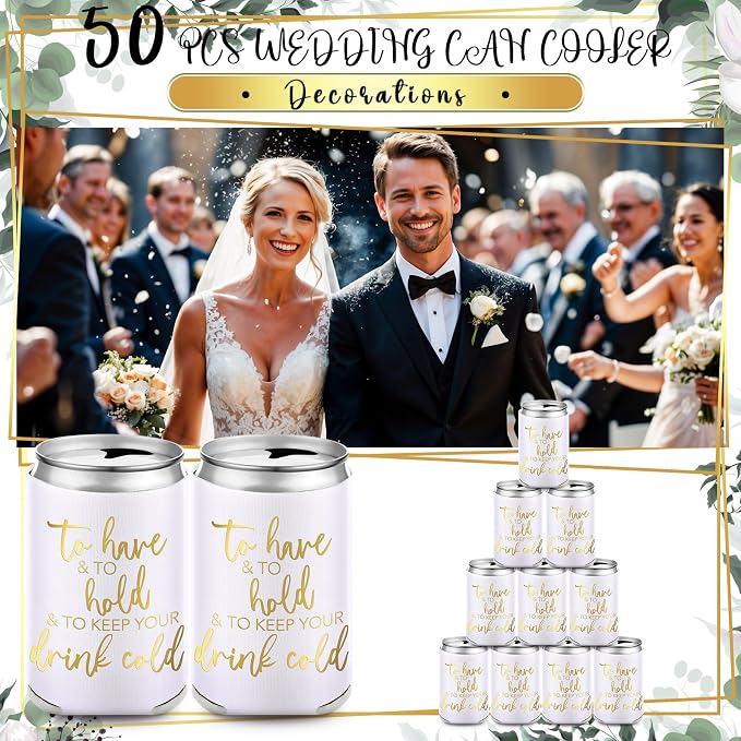 Hoteam 25 Sets White Wedding Party Favors for Guests Bulk Including Can Cooler and Paper Folding Fans with Wedding Decor Table Sign Cheers to Love for Bridal Shower Party Souvenir(Classical)