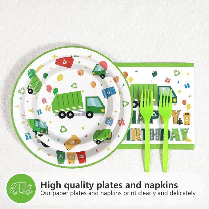 Grencian 96Pcs Trash Truck Birthday Decoration - Garbage Truck Plates and Napkins Trash Party Disposable Tableware for Kids Boys Recycling Rubbish Birthday Party Decorations Serves 24