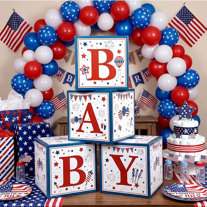 Vicenpal Red White and Blue Baby Shower Boxes with Letters Patriotic Decorations Gender Reveal Decoration Photo Prop Set of 4