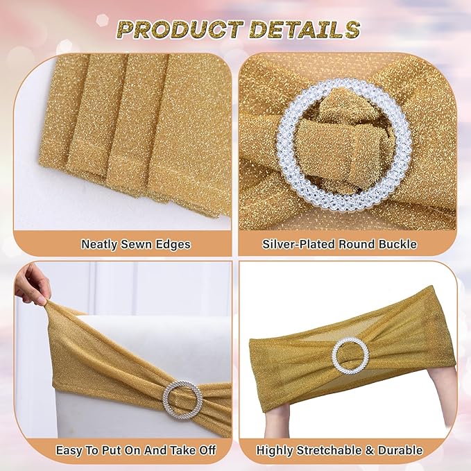 SquarePie Pack of 100 Gold Chair Sashes Bows with Buckle Slider Universal Elastic Spandex Bands Ties for Banquet Event Decor