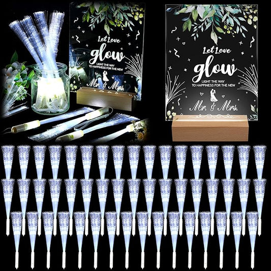 VIHOSE 52 Pcs Wedding Party Favors White Fiber Optic Wands with Acrylic Wedding Table Sign Wooden Illuminated Base LED Fiber Glow Stick Light up Wands for Reception Bridal Shower Party Favors Decor