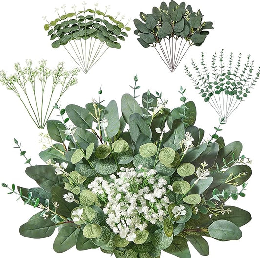 36 PCS 4 Kinds Mixed Artificial Greenery Stems,Baby Breath Flowers Artificial Bulk with Fake Eucalyptus Stems for Wedding Vase Bouquet Home Floral Decor