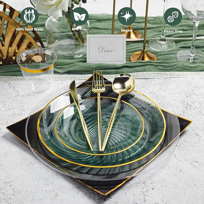 N9R 180 PCS Disposable Dinnerware Set with Gold Rim for 30 Guests,Green Plastic Plates Include 30 Dinner Plate, 30 Dessert Plates, 30 Cups, 90 Heavy Duty Gold Plastic Silverware for Party & Wedding