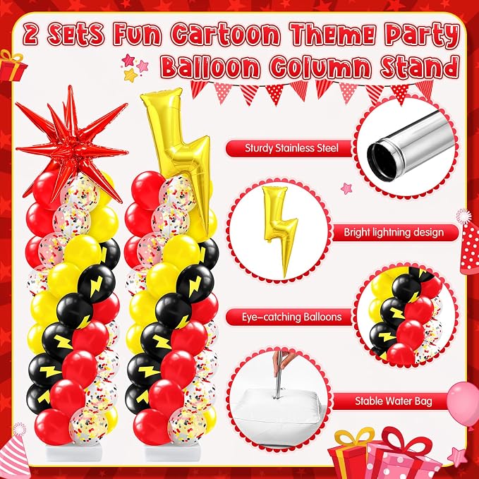 Kasyat 2 Set Cartoon Theme Balloon Column Stand Kit with Lightning Explosion Star Foil Balloons Black Red Yellow Arch Garland Kit for Cartoon Baby Shower Birthday Party Supplies